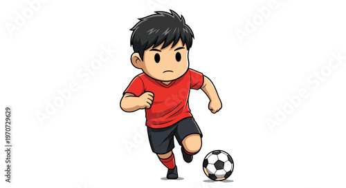 Young boy in red shirt and dark shorts dribbling soccer ball with determination