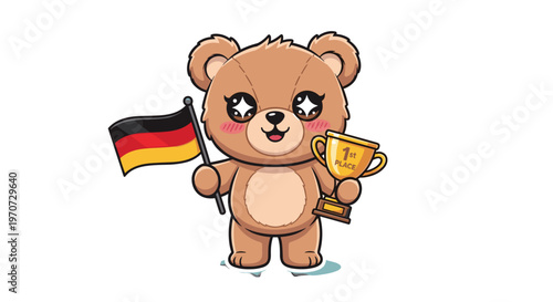 Cute cartoon bear holding german flag and golden trophy celebrating victory