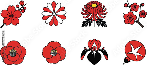 Collection of red and white Japanese floral emblems traditional vector illustrations for cultural design and decorative elements isolated on white
