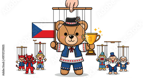 Cute teddy bear puppet holding golden trophy and czech flag with other puppets