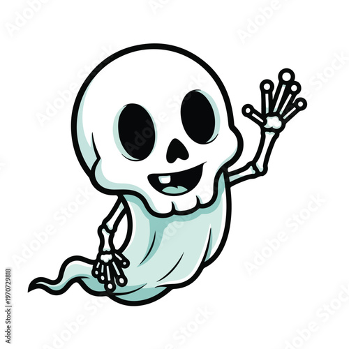 A smiling cartoon skeleton waving