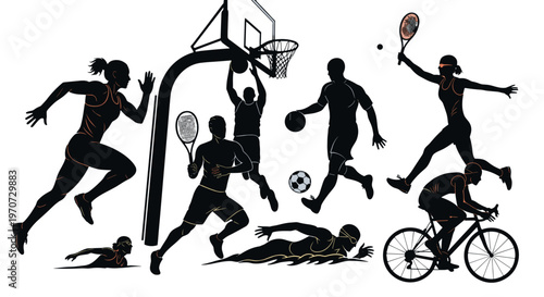 Dynamic sports silhouettes action figures engaged in basketball tennis cycling