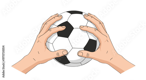 Close up hands holding a classic black and white soccer ball isolated on white