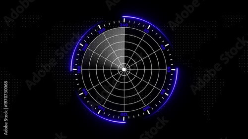 Futuristic radar screen interface with blue glow and grid lines on black background for technology and data visualization