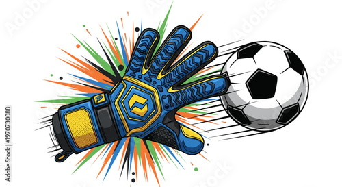 Goalkeeper glove reaching for a soccer ball with colorful abstract explosion