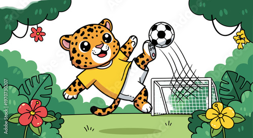 Cute cartoon jaguar playing soccer in a lush green forest kicking a ball towards