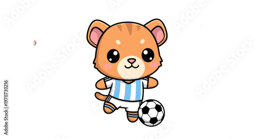 Cute cartoon cat character in soccer uniform playing with a ball kawaii style