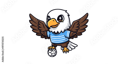 Cute cartoon eagle mascot wearing a striped shirt plays with a soccer ball