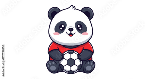 Cute cartoon panda bear wearing red shirt holding a soccer ball playful mascot