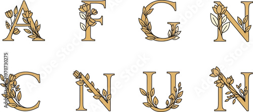 Elegant floral alphabet letters decorative botanical typography design elements for invitations and branding isolated on white