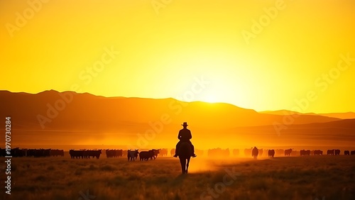 unanimity. A lone rider herds cattle across a vast desert ranch at dusk. wildlife magazines, conservation campaigns, designed for nature documentaries and education, celebrates biodiversity.