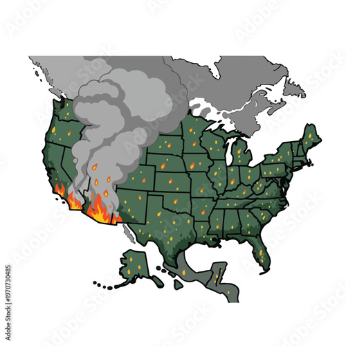 A map of the United States showing wildfires and smoke