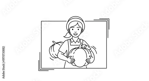 Happy Farmer Woman Holding Pumpkins in Autumn Harvest Season Line Art Illustration