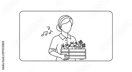 Happy Farmer Woman Singing While Carrying Fresh Produce in Wooden Crate