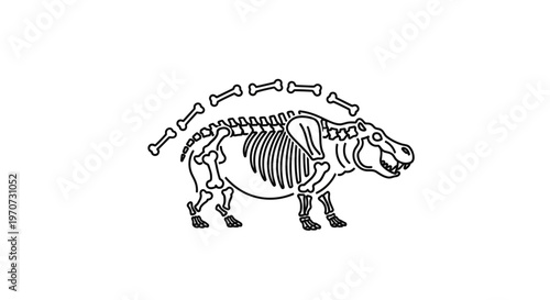 Hippopotamus skeleton illustration, ancient animal bones, prehistoric mammal anatomy
