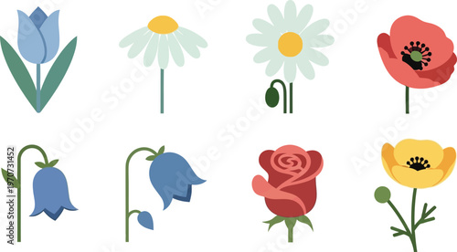 Collection of stylized floral icons including tulips daisies poppies roses and bluebells perfect for spring or nature-themed designs isolated on white