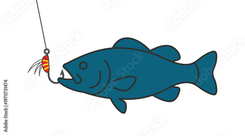 Simple flat vector of a fish biting bait (hook with lure), fishing moment concept, clean outline, minimal shapes, limited colors, 