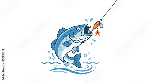 Simple flat vector of a fish biting bait (hook with lure), fishing moment concept, clean outline, minimal shapes, limited colors, 