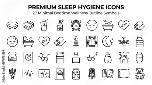 Premium sleep hygiene and bedtime wellness outline icons set featuring healthy routine symbols on white background, ideal for healthcare apps, wellness blog design and medical infographics