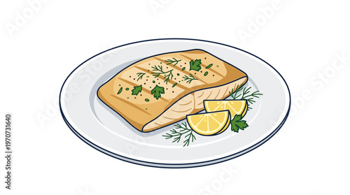 Minimal flat vector illustration of fish fillet with lemon slice and herbs, plated seafood dish concept, clean outline, simple composition,
