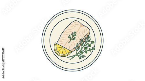 Minimal flat vector illustration of fish fillet with lemon slice and herbs, plated seafood dish concept, clean outline, simple composition,
