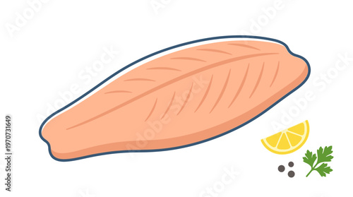 Minimal flat vector illustration of a fish fillet (boneless), clean smooth shape, seafood preparation concept, simple geometric form, clean outline, limited solid colors