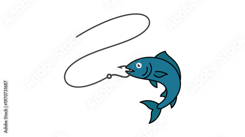 Minimal flat vector illustration of a fish hooked on a fishing line, simple dynamic curve, fishing activity concept, clean outline, limited solid colors