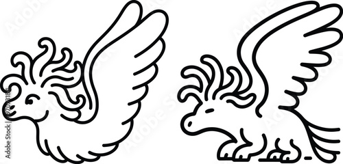 Set of two stylized mythical creatures with wings and curly manes, simple line art illustrations of winged beasts or dragons for fantasy design