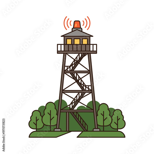 Simple flat vector of a forest fire watch tower with alert signal, wildfire monitoring concept, clean outline, minimal design, limited colors 