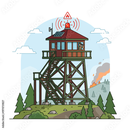 Simple flat vector of a forest fire watch tower with alert signal, wildfire monitoring concept, clean outline, minimal design, limited colors 