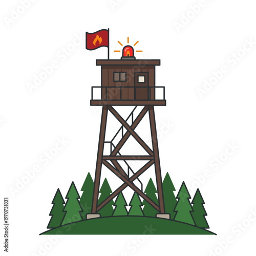 Simple flat vector of a forest fire watch tower with alert signal, wildfire monitoring concept, clean outline, minimal design, limited colors 