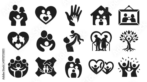 Set of family silhouettes icons featuring parents children hearts house and family tree symbols on white background, ideal for insurance branding, community design and genealogy projects