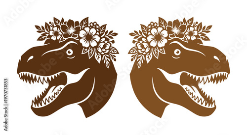 Vintage Tyrannosaurus Rex head with flower crown, brown dinosaur silhouette vector, prehistoric T-Rex floral illustration for apparel design