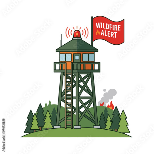 Simple flat vector of a forest fire watch tower with alert signal, wildfire monitoring concept, clean outline, minimal design, limited colors 