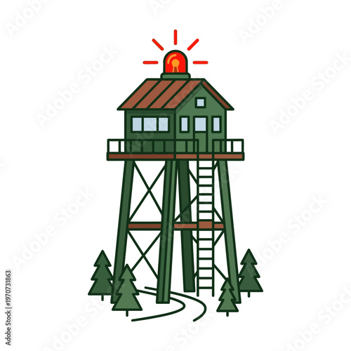 Simple flat vector of a forest fire watch tower with alert signal, wildfire monitoring concept, clean outline, minimal design, limited colors 