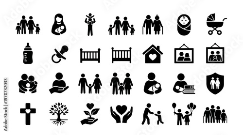 Black family and parenting icon set featuring silhouettes of parents, children, babies, elderly people and home items on white background, ideal for infographic design, web UI and app dev