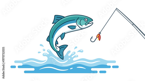 Simple flat vector of a jumping fish above water with a fishing hook nearby, sport fishing concept, clean outline, minimal detail, limited color palette