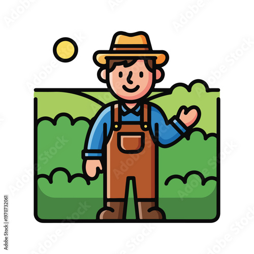 A smiling farmer in overalls and hat