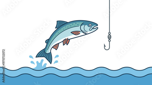 Simple flat vector of a jumping fish above water with a fishing hook nearby, sport fishing concept, clean outline, minimal detail, limited color palette