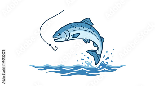 Simple flat vector of a jumping fish above water with a fishing hook nearby, sport fishing concept, clean outline, minimal detail, limited color palette