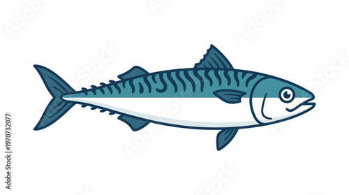 Minimal flat vector illustration of a mackerel fish, striped body simplified design, seafood ingredient concept, clean outline
