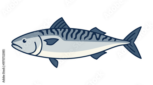 Minimal flat vector illustration of a mackerel fish, striped body simplified design, seafood ingredient concept, clean outline