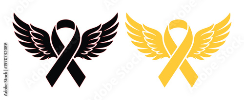 Memorial awareness ribbon with angel wings vector set, black and gold mourning symbols, cancer support and remembrance icons for tribute designs