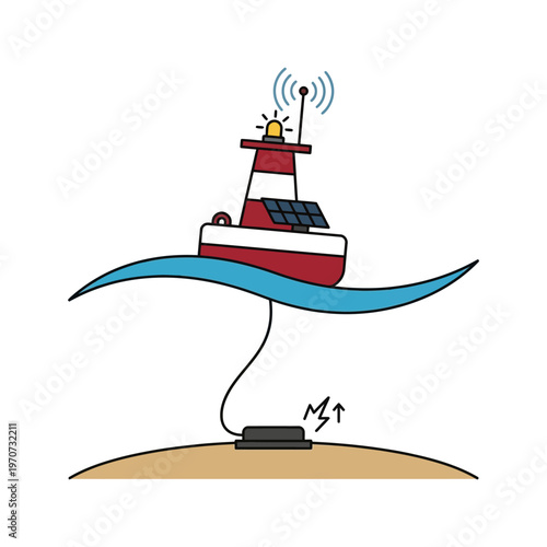 Minimal flat vector illustration of an ocean buoy with seismic sensor, tsunami detection concept, floating device on simple wave, clean outline, limited solid colors