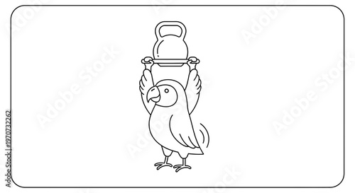 Funny Parrot Lifting Heavy Kettlebell, Strength Training, Fitness Concept