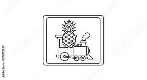Funny Pineapple on a Steam Train, Whimsical Transportation, Cartoon Style