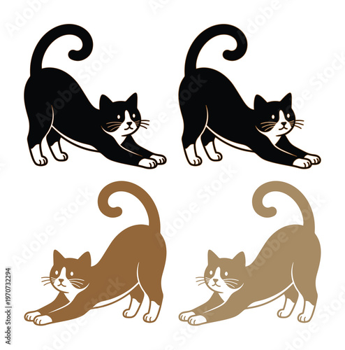 Stretching cat vector set, cute cartoon tuxedo cats in yoga pose, black and brown feline character collection, 4 flat animal icons for pet design