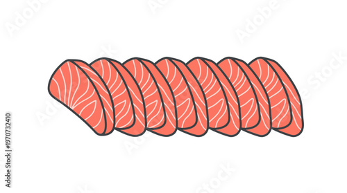 Minimal flat vector illustration of sliced fish pieces arranged in a neat row, food preparation concept, simple shapes