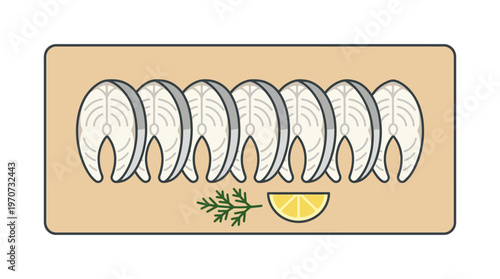 Minimal flat vector illustration of sliced fish pieces arranged in a neat row, food preparation concept, simple shapes