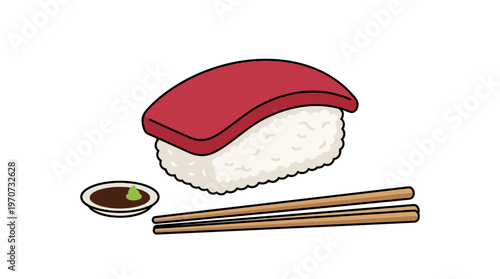 Minimal flat vector illustration of sushi with fish topping (generic, no specific brand style), Japanese food concept, clean outline